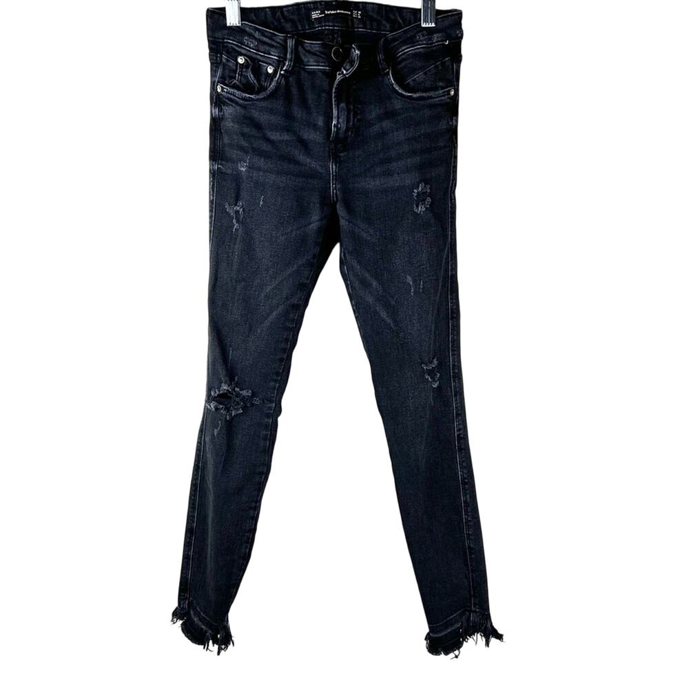 Zara Black Fringe Hem Mid-Rise Skinny Jeans 4 Grunge Distressed